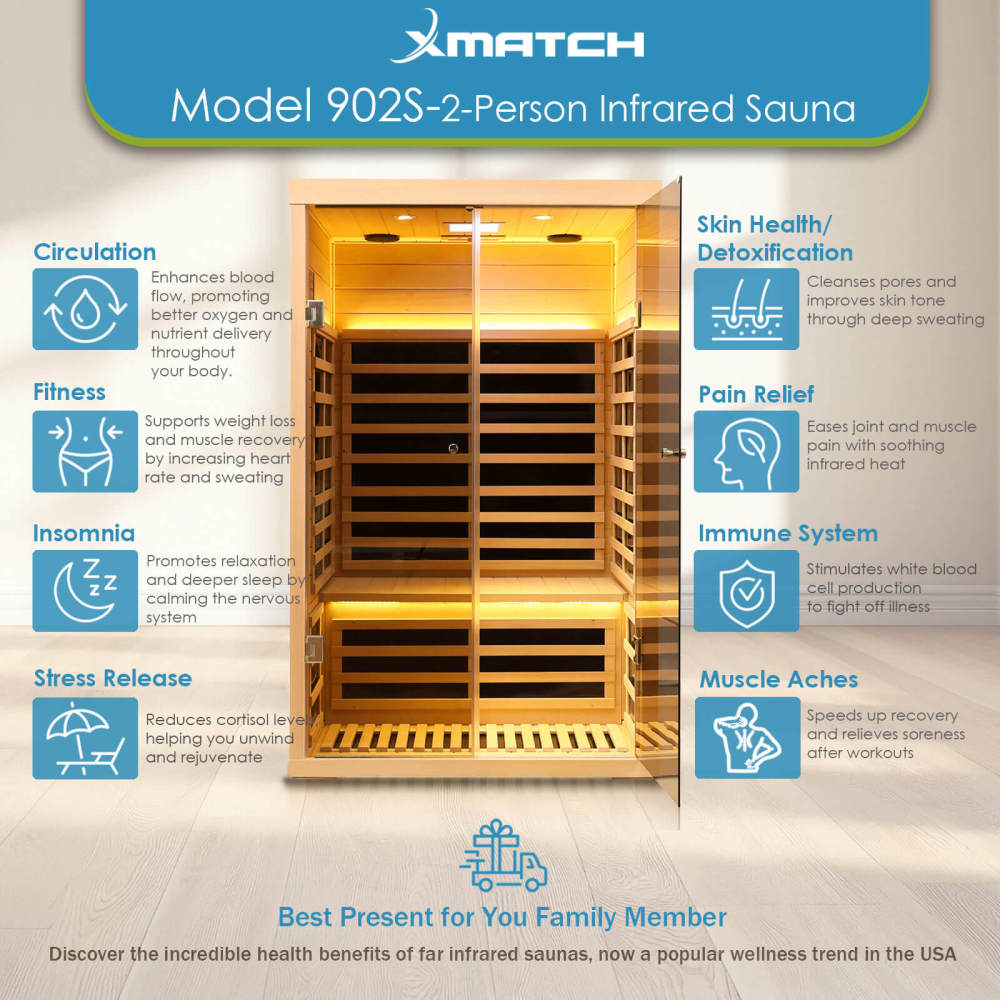 Xmatch Saunas 902S Far Infrared Sauna, Indoor Wooden Dry Sauna Low EMF (Hemlock Wood, 2-Person Size)