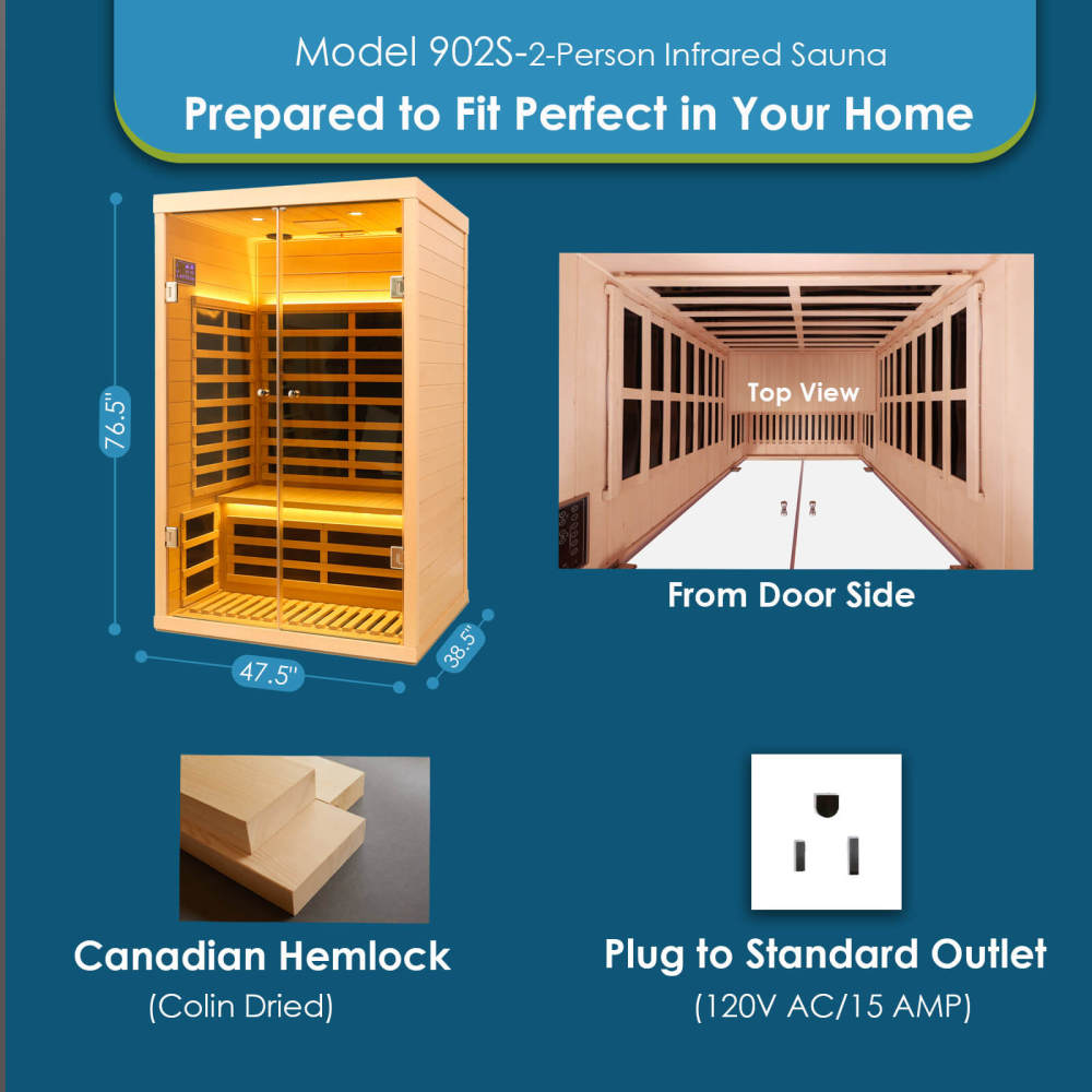 Xmatch Saunas 902S Far Infrared Sauna, Indoor Wooden Dry Sauna Low EMF (Hemlock Wood, 2-Person Size)