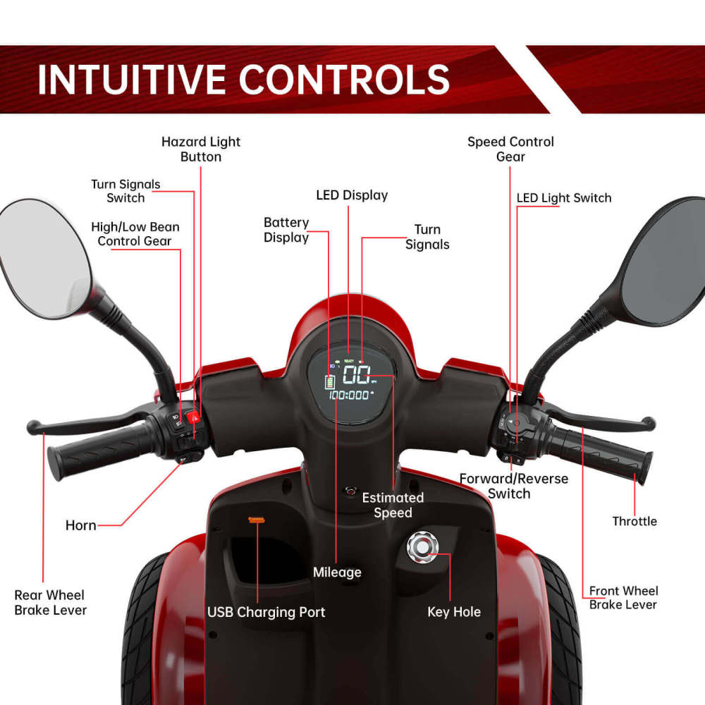 Mobility Scooters for Seniors & Adults, Heavy Duty 4-Wheel 3-Speed Medical Electric Golf Mobility Scooter Battery Powered with Rear Lock Box & Golf Cart Rack Adjustable Seat