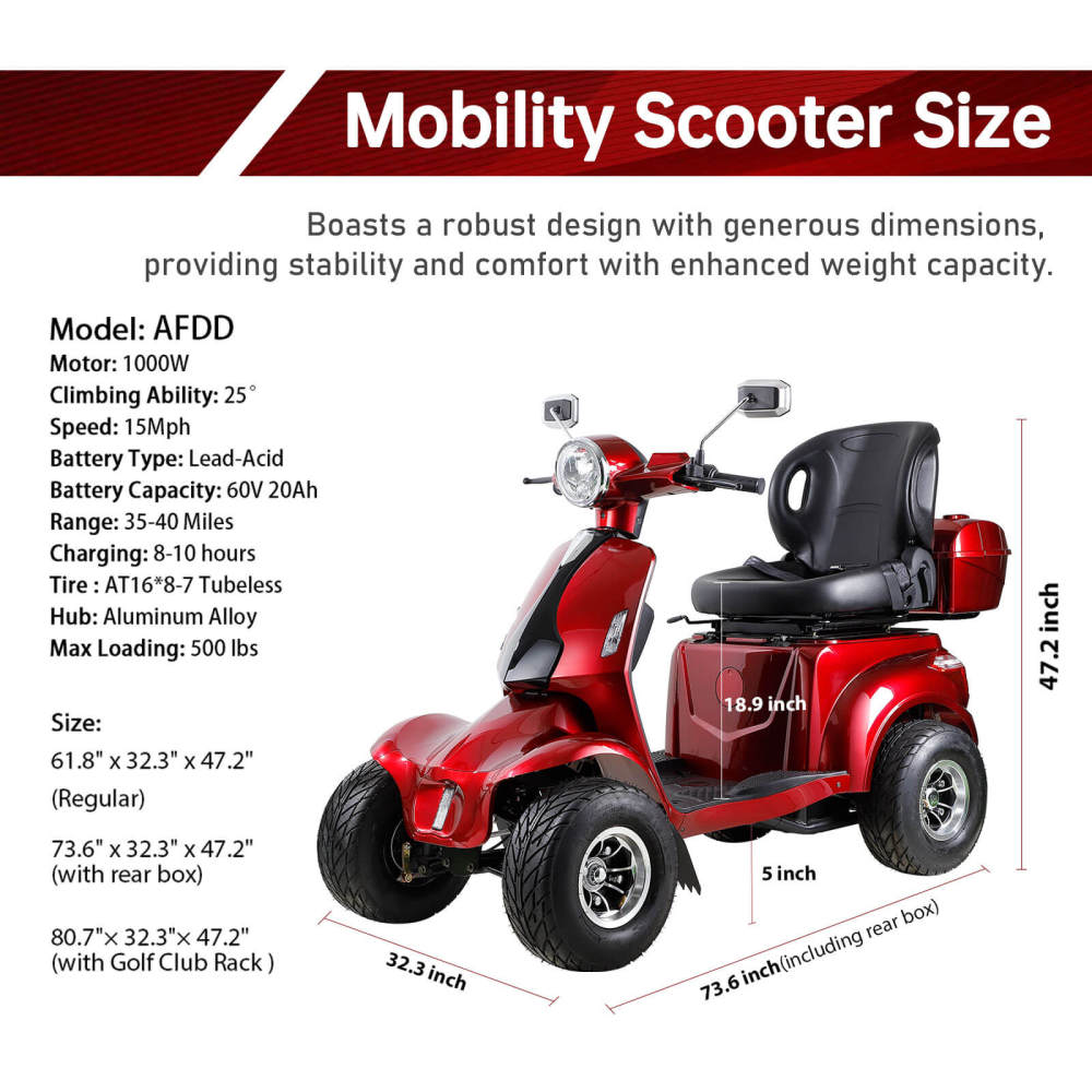 Mobility Scooters for Seniors & Adults, Heavy Duty 4-Wheel 3-Speed Medical Electric Golf Mobility Scooter Battery Powered with Rear Lock Box & Golf Cart Rack Adjustable Seat