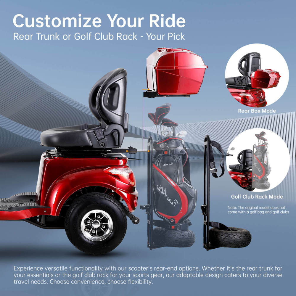 Mobility Scooters for Seniors & Adults, Heavy Duty 4-Wheel 3-Speed Medical Electric Golf Mobility Scooter Battery Powered with Rear Lock Box & Golf Cart Rack Adjustable Seat