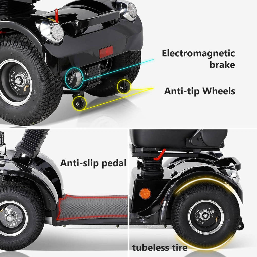 Mobility Scooters for Adults & Seniors, Heavy Duty 4-Wheel Mobility Scooter Battery Powered with Front Basket Compact Rear Box 360 Degree Adjustable Seat (Black)