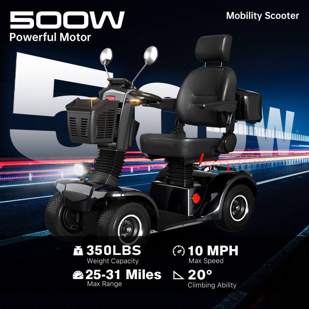 Mobility Scooters for Adults & Seniors, Heavy Duty 4-Wheel Mobility Scooter Battery Powered with Front Basket Compact Rear Box 360 Degree Adjustable Seat (Black)