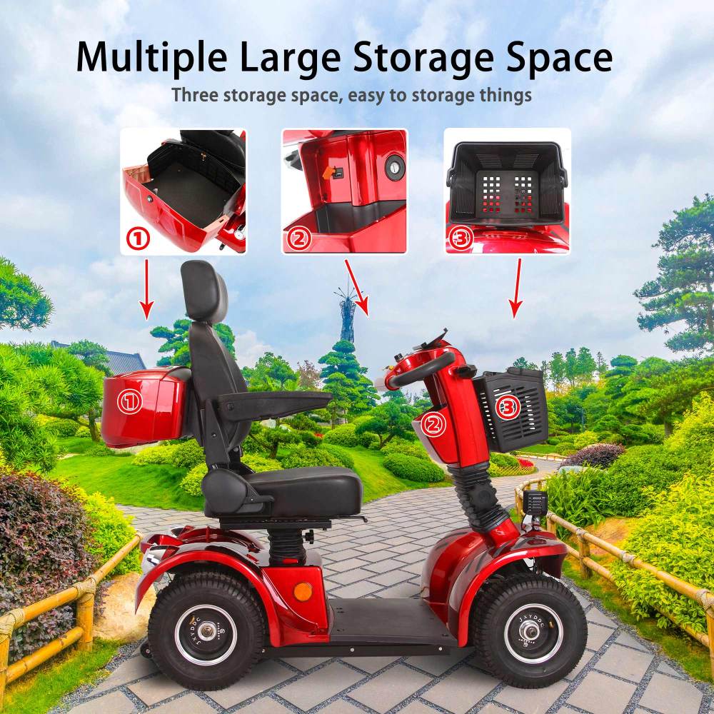 Mobility Scooters for Adults & Seniors, Heavy Duty 4-Wheel Medical Electric Powered Wheelchair Device, Elderly-Rear Box 360 Degree Adjustable Seat (Red)