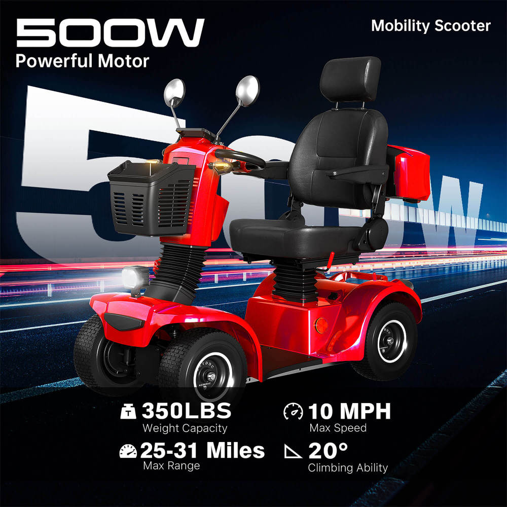 Mobility Scooters for Adults & Seniors, Heavy Duty 4-Wheel Medical Electric Powered Wheelchair Device, Elderly-Rear Box 360 Degree Adjustable Seat (Red)