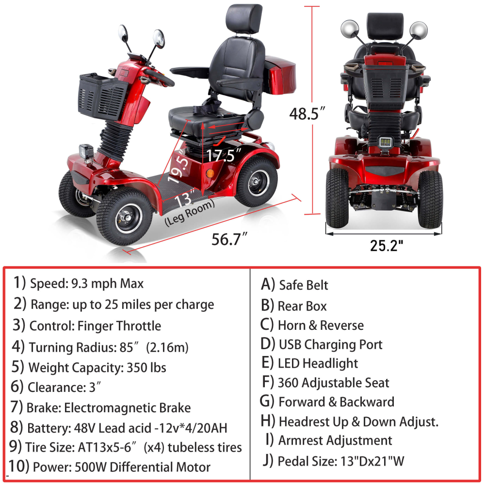 Mobility Scooters for Adults & Seniors, Heavy Duty 4-Wheel Medical Electric Powered Wheelchair Device, Elderly-Rear Box 360 Degree Adjustable Seat (Red)