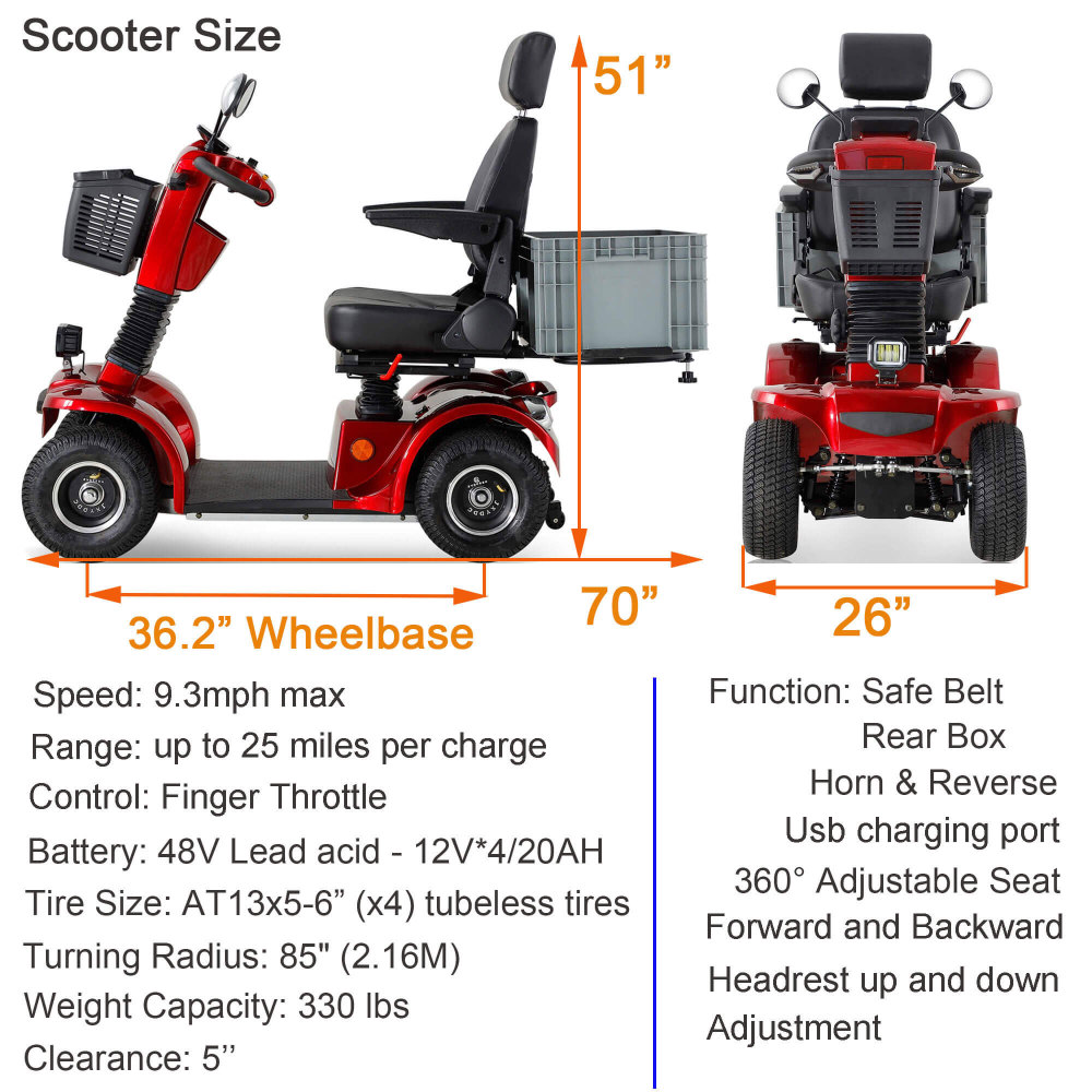 Mobility Scooter for Adults & Seniors, 4 Wheel Battery Powered Handicapped Scooters w/360 Degree Adjustable Seat and Front Basket Rear Box