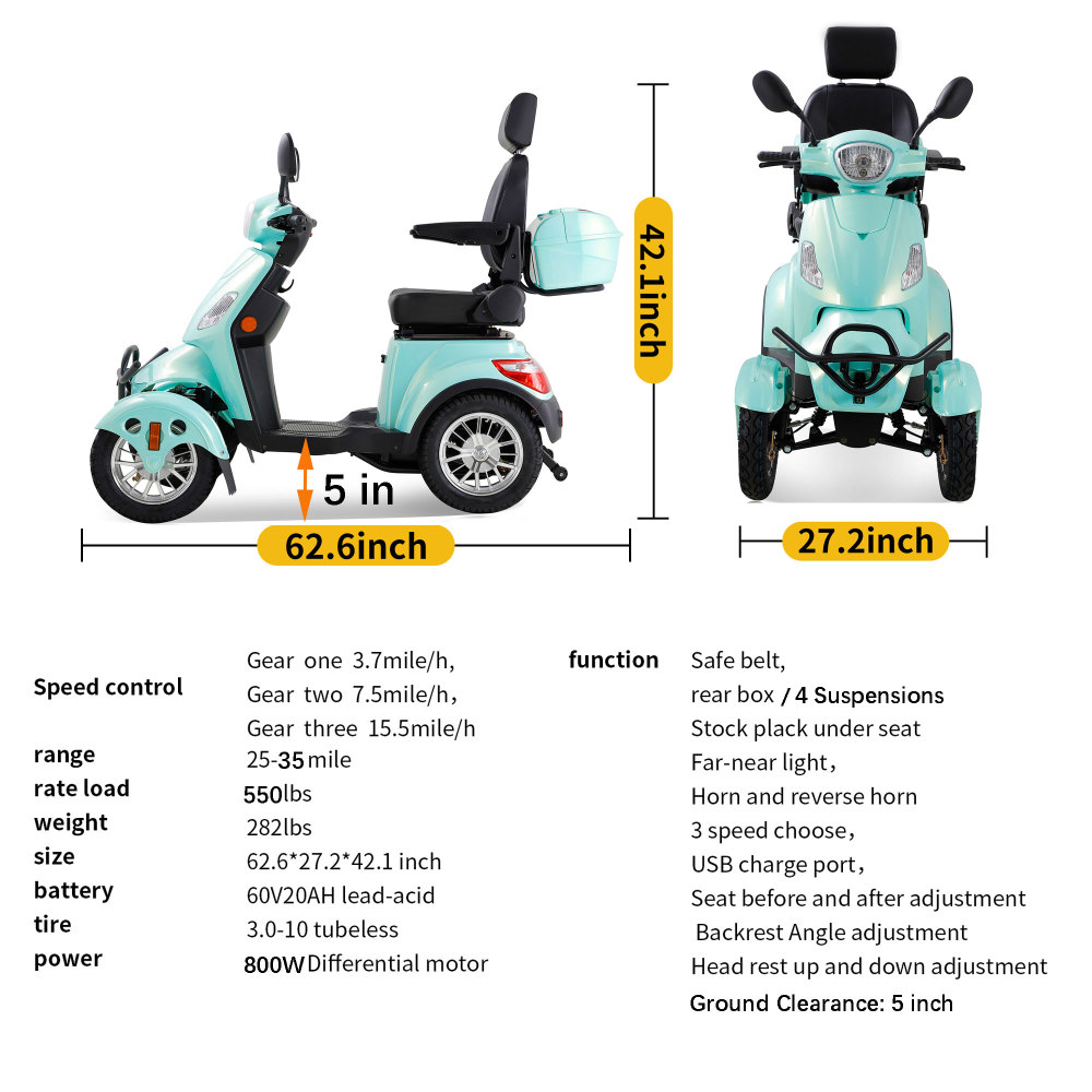 Xmatch Mobility Scooters for Adults & Seniors, Heavy Duty 4-Wheels 3 Speed Electric Powered Device 800W Elderly Scooters 550 lbs Capacity w/Rear Lockbox & Adjustable Seat