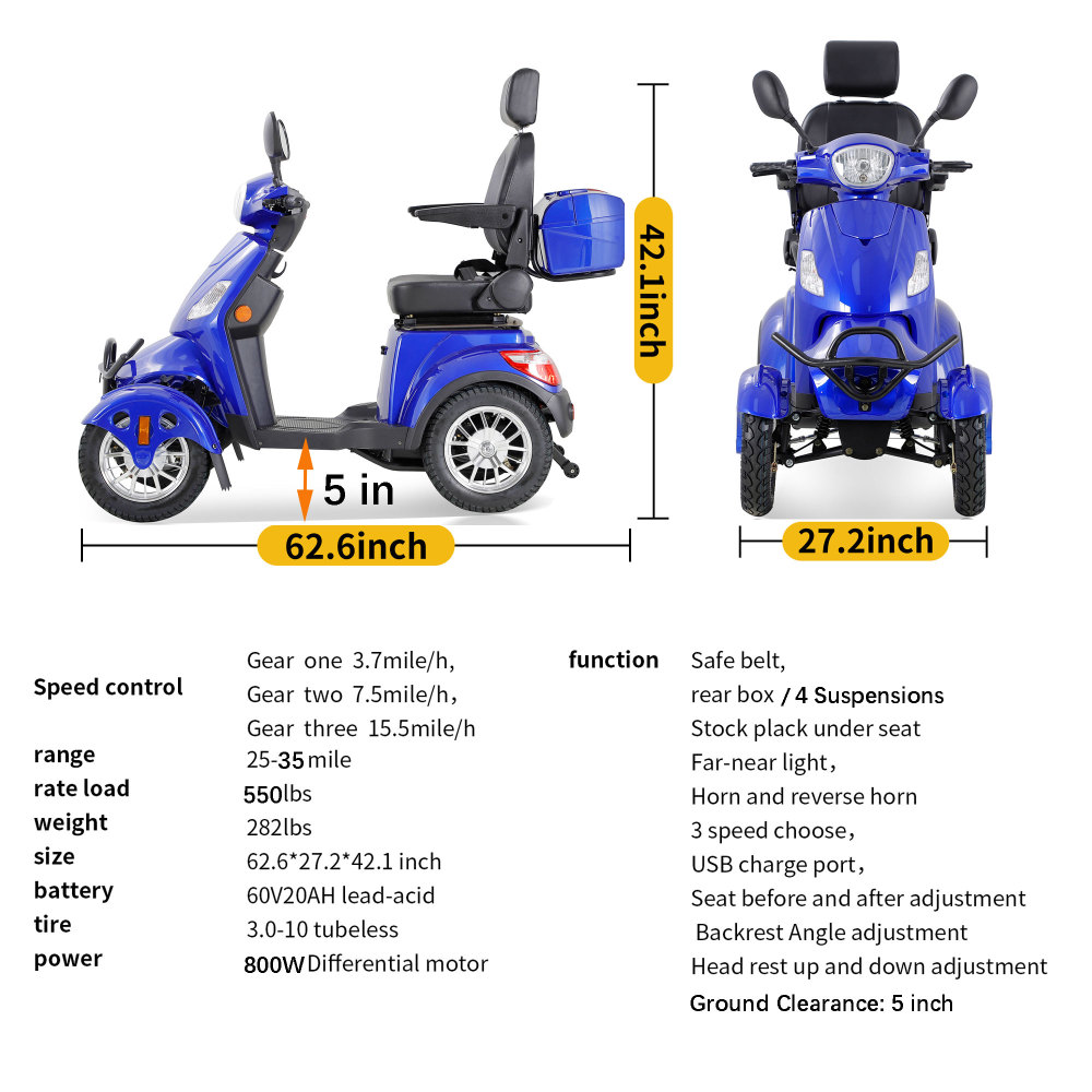 Mobility Scooters for Adults & Seniors, Heavy Duty 4-Wheel 3 Speed Medical Electric Powered Device 800W All Terrain, Elderly w/Rear Lockbox & Adjustable Seat Blue