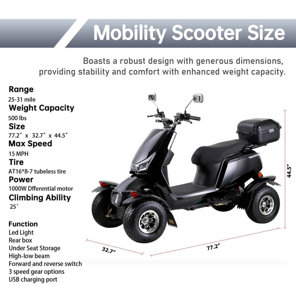 Mobility Scooters for Seniors & Adults, Heavy Duty Patrol Mobility Scooter for All Terrain Electric Powered Handicap Scooters Elderly w/Remote Key Rear Lockbox (Patrol/Black)