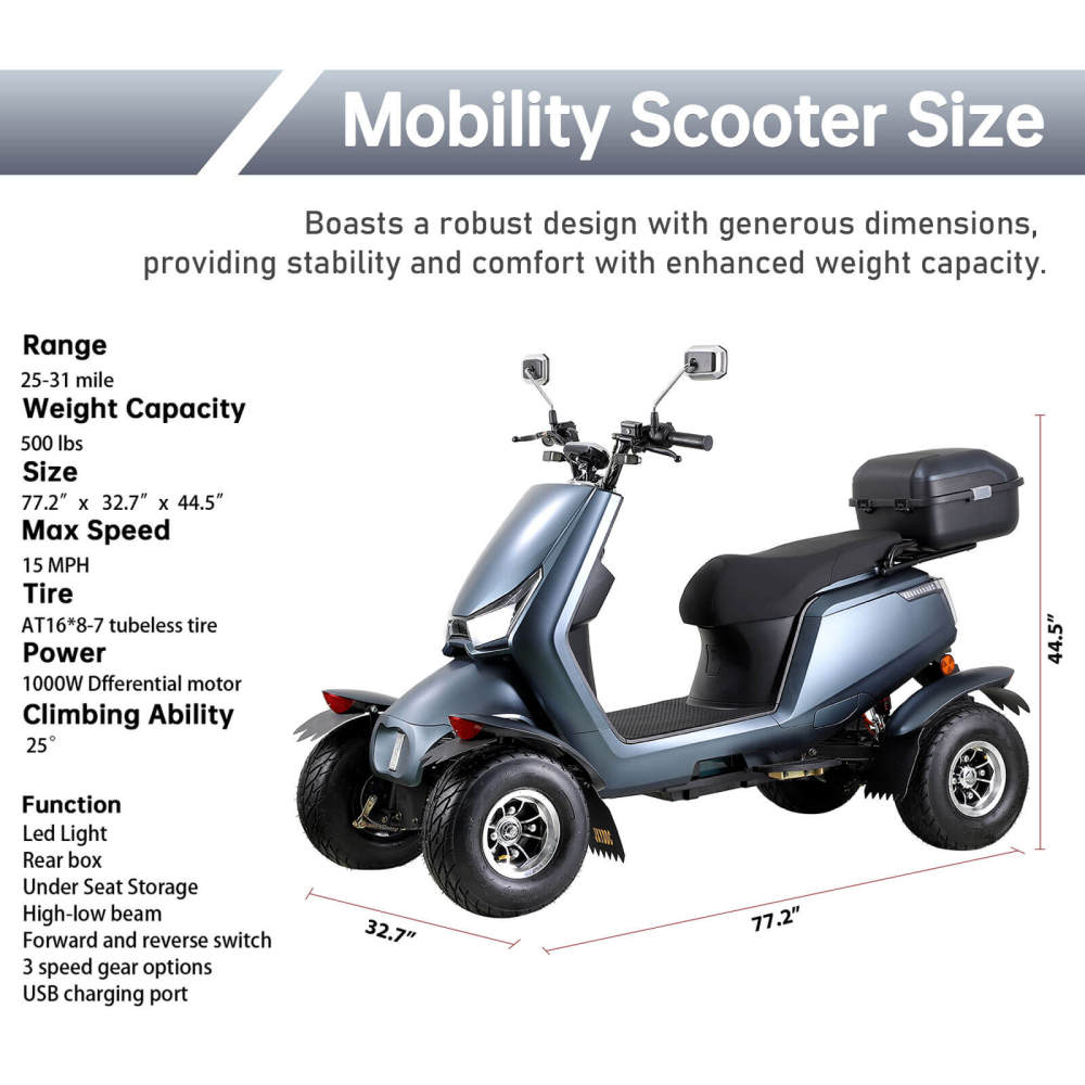 Mobility Scooters for Seniors and Adults, Heavy Duty Patrol Mobility Scooter for All Terrain Electric Powered Handicap Scooters Elderly w/Remote Key Rear Lockbox (Patrol/Matte Black)