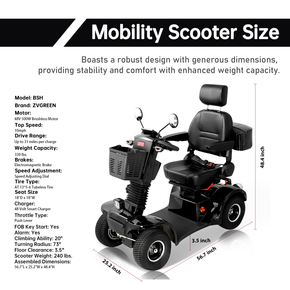 Mobility Scooters for Adults & Seniors, Heavy Duty 4-Wheel Mobility Scooter Battery Powered with Front Basket Compact Rear Box 360 Degree Adjustable Seat (Black)