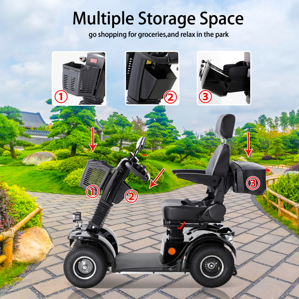 Mobility Scooters for Adults & Seniors, Heavy Duty 4-Wheel Mobility Scooter Battery Powered with Front Basket Compact Rear Box 360 Degree Adjustable Seat (Black)