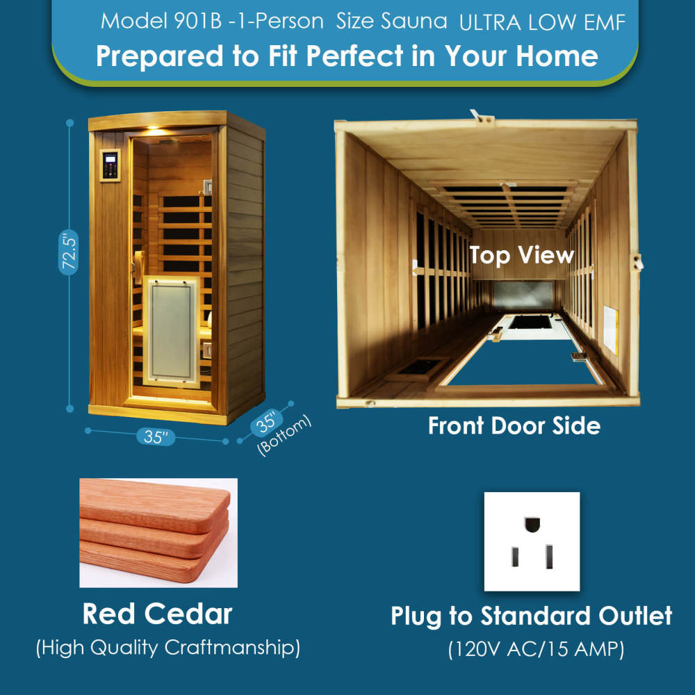 Xmatch Saunas 901B Far Infrared Sauna, Indoor Wooden Dry Sauna Ultra Low EMF (Red Cedar, 1-Person Size 360 Envolved)