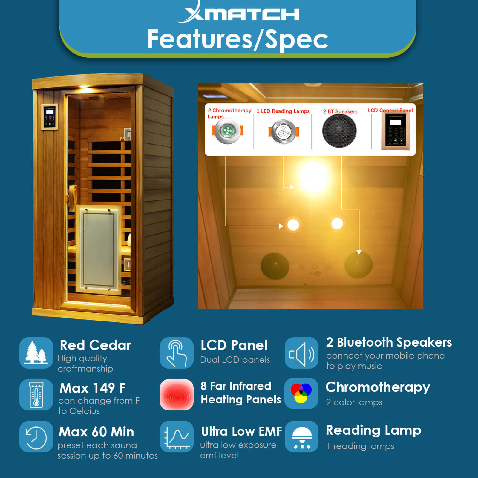 Xmatch Saunas 901B Far Infrared Sauna, Indoor Wooden Dry Sauna Ultra Low EMF (Red Cedar, 1-Person Size 360 Envolved)