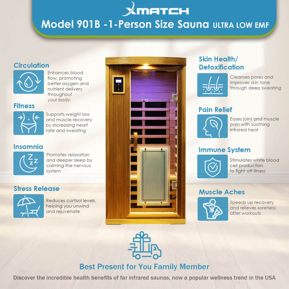 Xmatch Saunas 901B Far Infrared Sauna, Indoor Wooden Dry Sauna Ultra Low EMF (Red Cedar, 1-Person Size 360 Envolved)