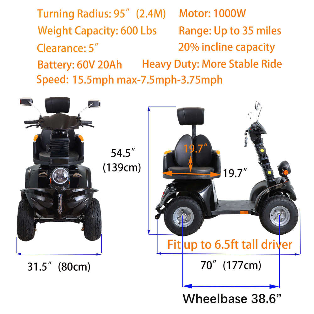 Mobility Scooters for Seniors & Adults 600lbs Capacity, Heavy Duty 4-Wheel 3-Speed Electric Powered Wheelchair Device 1000W All Terrain, Elderly-Lockbox Adjustable Seat (DJD Black 1000W)