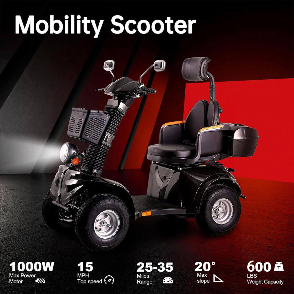 Mobility Scooters for Seniors & Adults 600lbs Capacity, Heavy Duty 4-Wheel 3-Speed Electric Powered Wheelchair Device 1000W All Terrain, Elderly-Lockbox Adjustable Seat (DJD Black 1000W)