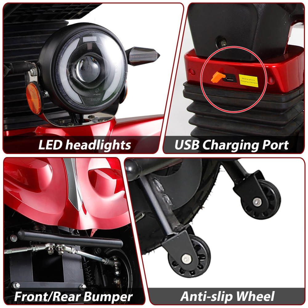 Mobility Scooters for Seniors & Adults 600lbs Capacity, Heavy Duty 4-Wheel 3-Speed Electric Powered Wheelchair Device 1000W All Terrain, Elderly-Lockbox Adjustable Seat (DJD Red 1000W)