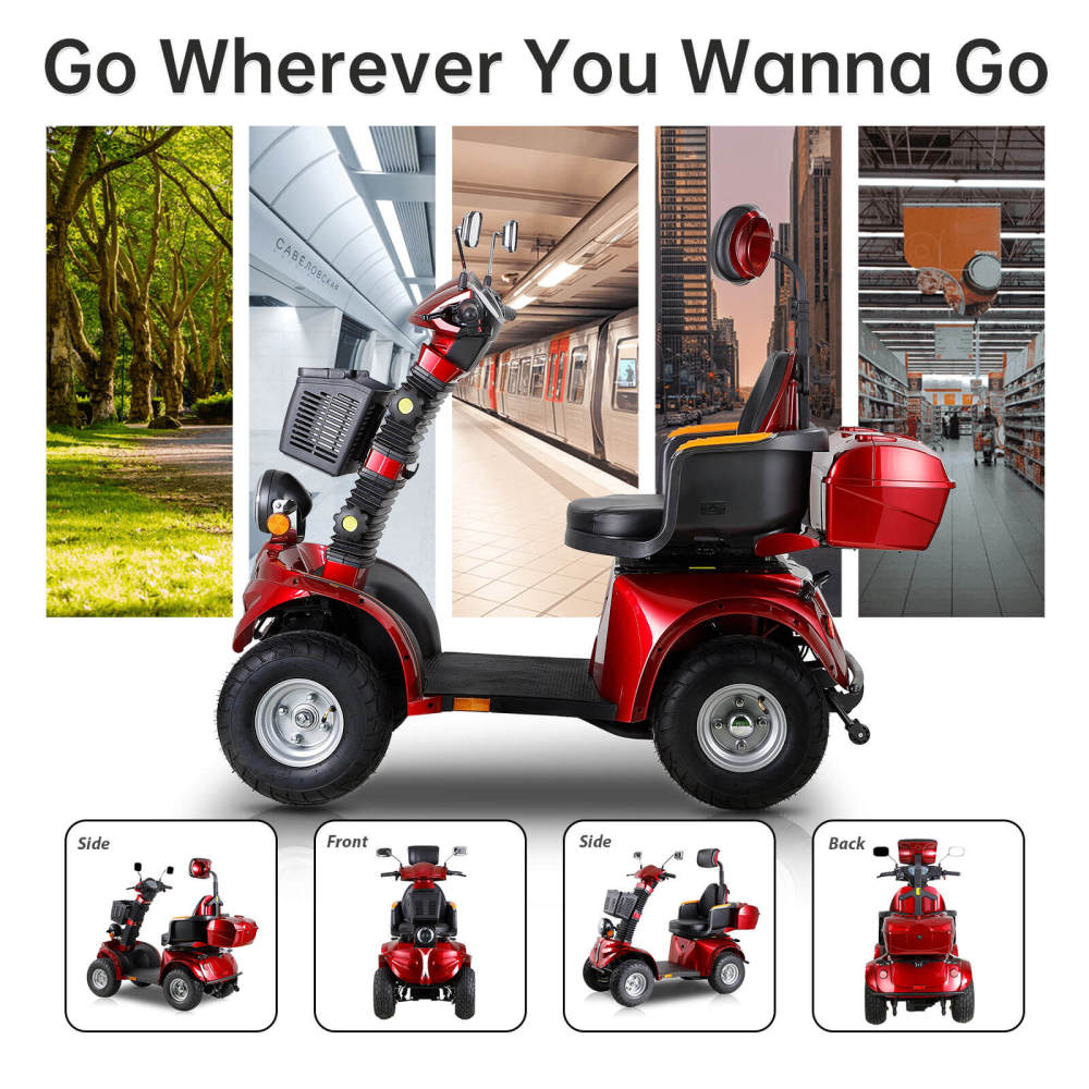 Mobility Scooters for Seniors & Adults 600lbs Capacity, Heavy Duty 4-Wheel 3-Speed Electric Powered Wheelchair Device 1000W All Terrain, Elderly-Lockbox Adjustable Seat (DJD Red 1000W)