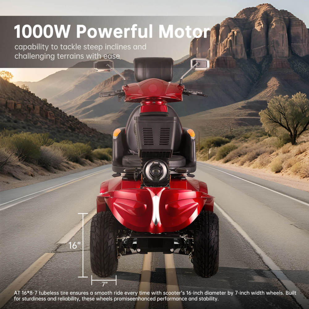 Mobility Scooters for Seniors & Adults 600lbs Capacity, Heavy Duty 4-Wheel 3-Speed Electric Powered Wheelchair Device 1000W All Terrain, Elderly-Lockbox Adjustable Seat (DJD Red 1000W)