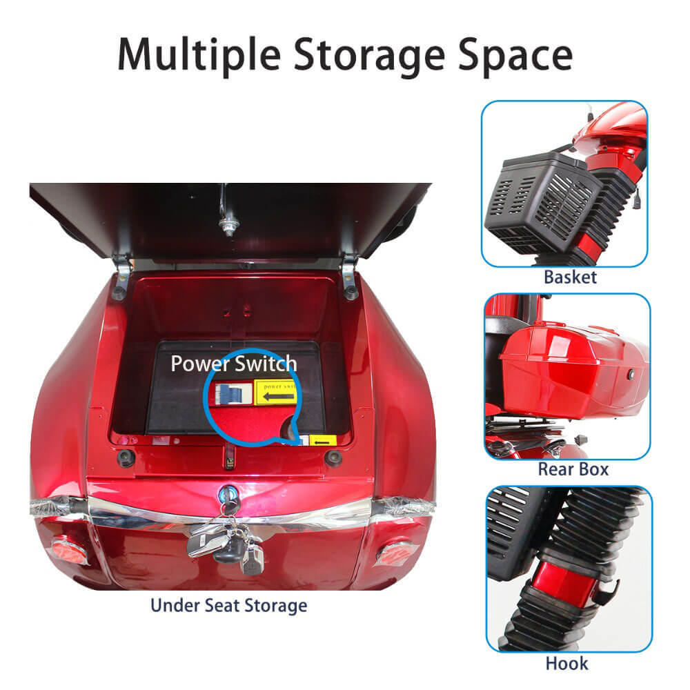 Mobility Scooters for Seniors & Adults 600lbs Capacity, Heavy Duty 4-Wheel 3-Speed Electric Powered Wheelchair Device 1000W All Terrain, Elderly-Lockbox Adjustable Seat (DJD Red 1000W)