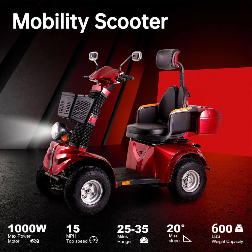 Mobility Scooters for Seniors & Adults 600lbs Capacity, Heavy Duty 4-Wheel 3-Speed Electric Powered Wheelchair Device 1000W All Terrain, Elderly-Lockbox Adjustable Seat (DJD Red 1000W)