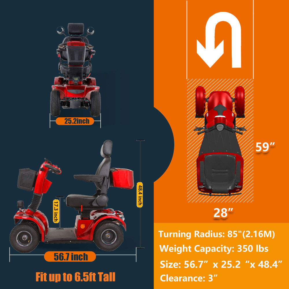 Mobility Scooters for Adults & Seniors, Heavy Duty 4-Wheel Medical Electric Powered Wheelchair Device, Elderly-Rear Box 360 Degree Adjustable Seat (Red)