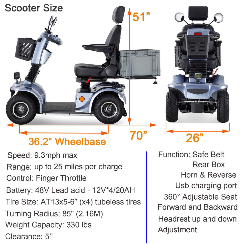 Mobility Scooter for Adults & Seniors, 4 Wheel Battery Powered Handicapped Scooters w/360 Degree Adjustable Seat and Front Basket Rear Box