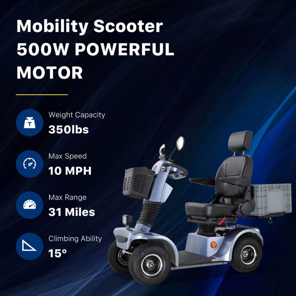 Mobility Scooter for Adults & Seniors, 4 Wheel Battery Powered Handicapped Scooters w/360 Degree Adjustable Seat and Front Basket Rear Box