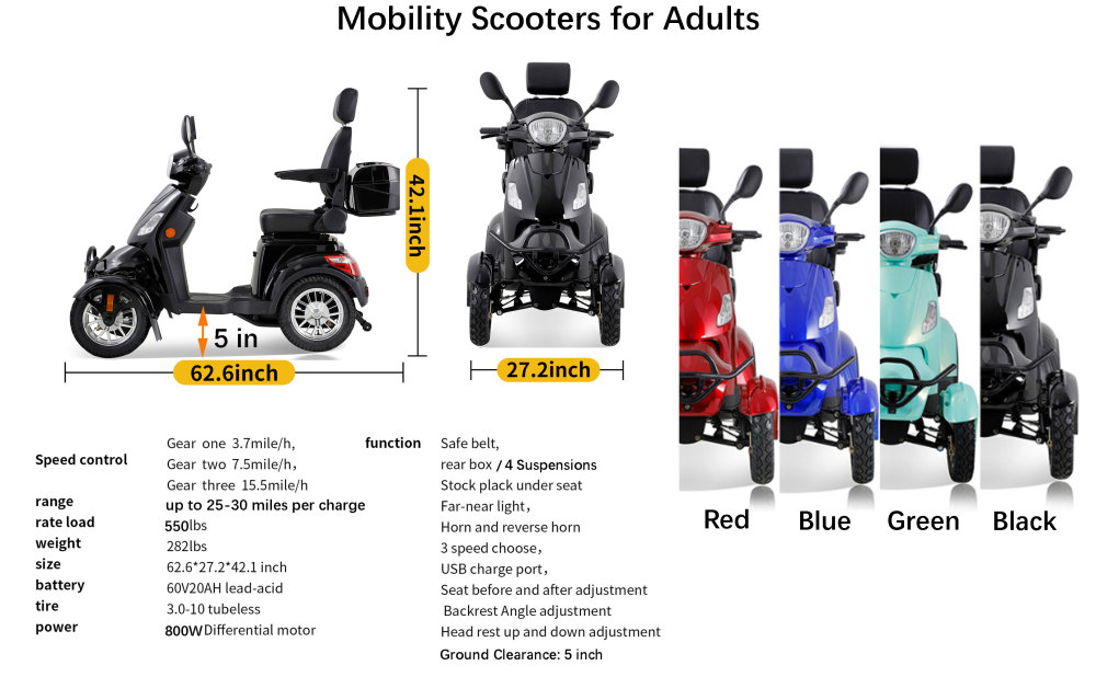 Xmatch Mobility Scooters for Adults & Seniors, Heavy Duty 4-Wheel 3 Speed Medical Electric Powered Device 800W All Terrain, Elderly w/Rear Lockbox & Adjustable Seat ( Type 3 Black)