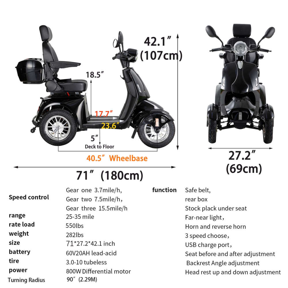 Mobility Scooters for Seniors & Adults, Heavy Duty 4-Wheel 3 Speed Medical Electric Powered Wheelchair Device 800W All Terrain, Elderly Rear Lockbox Adjustable Seat