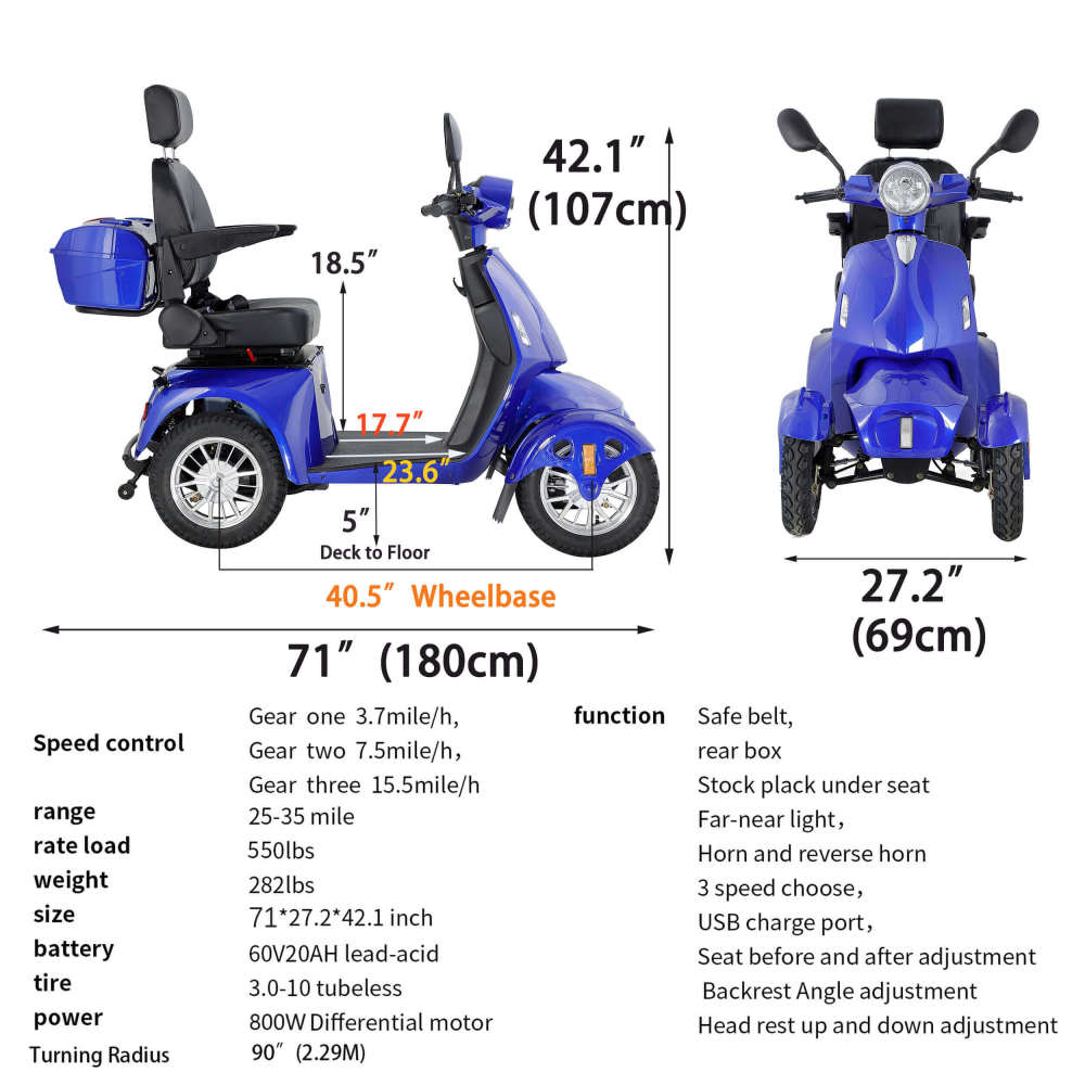 Mobility Scooter for Seniors & Adults, Heavy Duty 4-Wheel 3 Speed Medical Electric Powered Wheelchair Device 800W All Terrain, Elderly Rear Lockbox Adjustable Seat