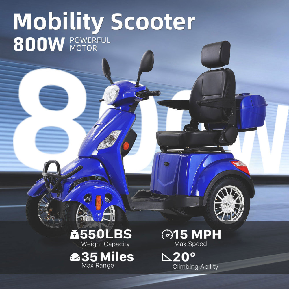 Mobility Scooters for Adults & Seniors, Heavy Duty 4-Wheel 3 Speed Medical Electric Powered Device 800W All Terrain, Elderly w/Rear Lockbox & Adjustable Seat (Type 3 Blue)