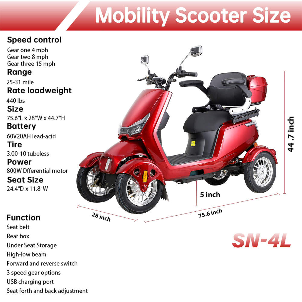 Xmatch Mobility Scooters for Adults & Seniors, Heavy Duty 4 Wheel Electric Powered Mobility Scooter, 800W w/Rear Lockbox Adjustable Seat Safe Remote Key (Model SN-Red)