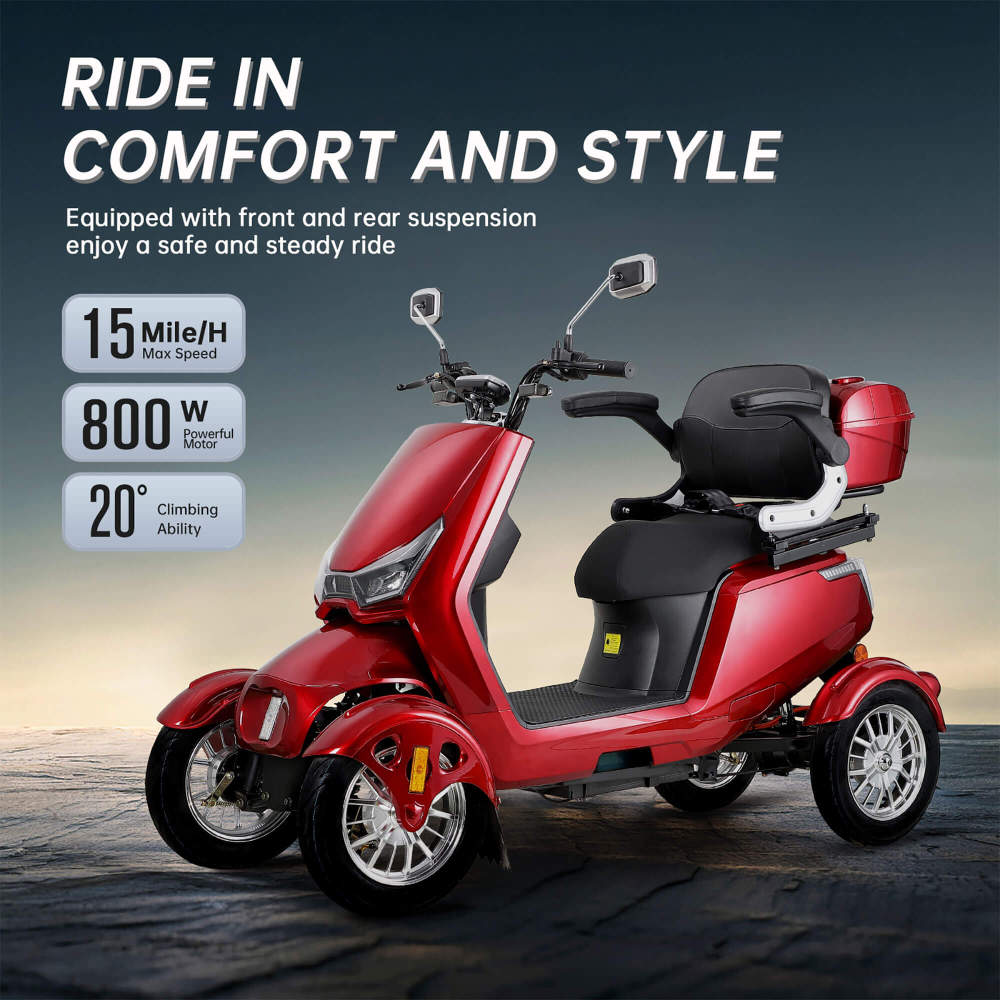 Xmatch Mobility Scooters for Adults & Seniors, Heavy Duty 4 Wheel Electric Powered Mobility Scooter, 800W w/Rear Lockbox Adjustable Seat Safe Remote Key (Model SN-Red)