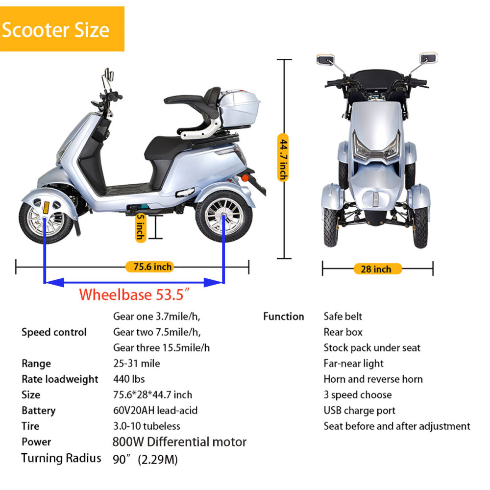 Mobility Scooters for Adults & Seniors, Heavy Duty 4-Wheel 3-Speed Electric Powered Wheelchair Device, Elderly-Safe Belt Rear Lockbox Under Seat Storage Adjustable Seat (Silver)