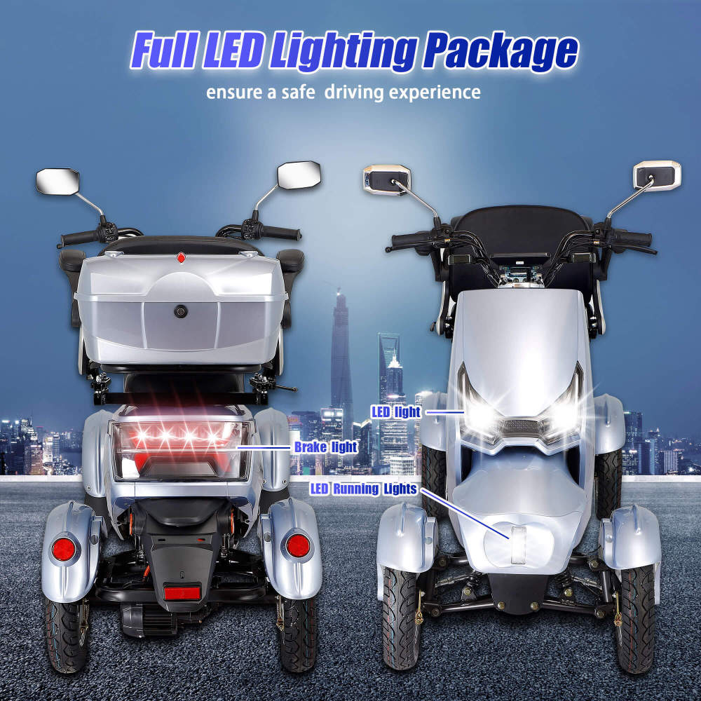 Mobility Scooters for Adults & Seniors, Heavy Duty 4-Wheel 3-Speed Electric Powered Wheelchair Device, Elderly-Safe Belt Rear Lockbox Under Seat Storage Adjustable Seat (Silver)