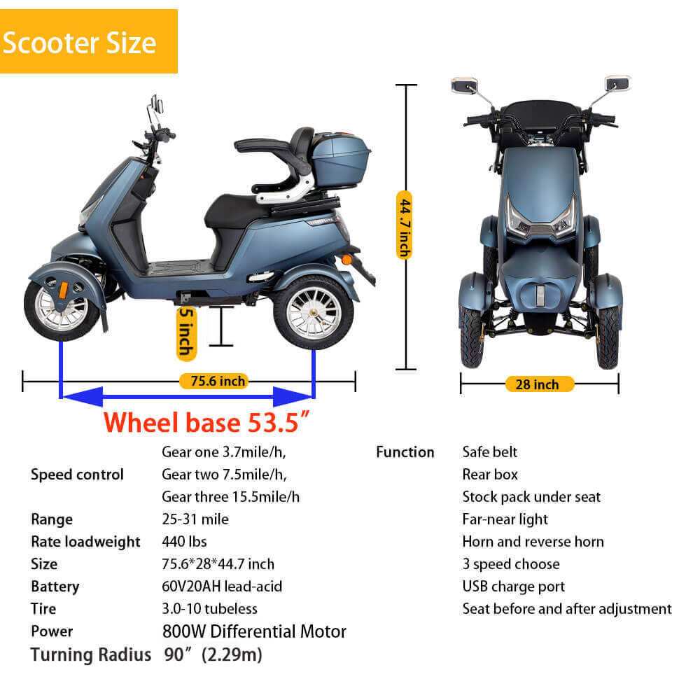 Xmatch Mobility Scooters for Adults & Seniors, Heavy Duty 4-Wheel 3-Speed Electric Powered Wheelchair Device, Elderly-Safe Belt Rear Lockbox Under Seat Storage Adjustable Seat (Matte Black)