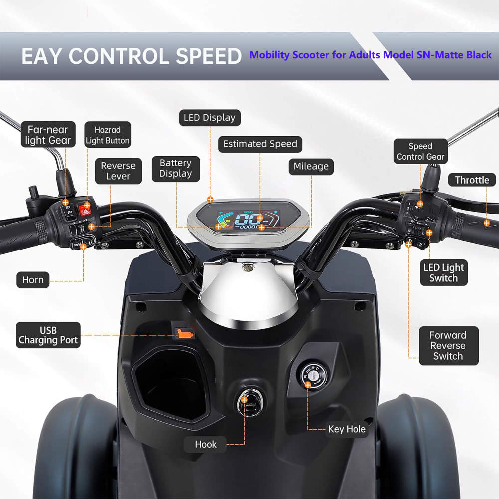 Xmatch Mobility Scooters for Adults & Seniors, Heavy Duty 4-Wheel 3-Speed Electric Powered Wheelchair Device, Elderly-Safe Belt Rear Lockbox Under Seat Storage Adjustable Seat (Matte Black)