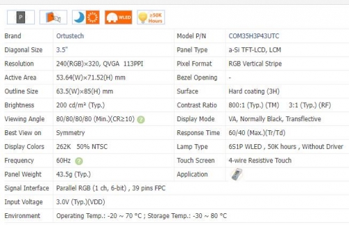 COM35H3P43UTC 3.5" Inch 240*320 WLED TFT-LCD Display with 4-wire Resistive Touch Panel