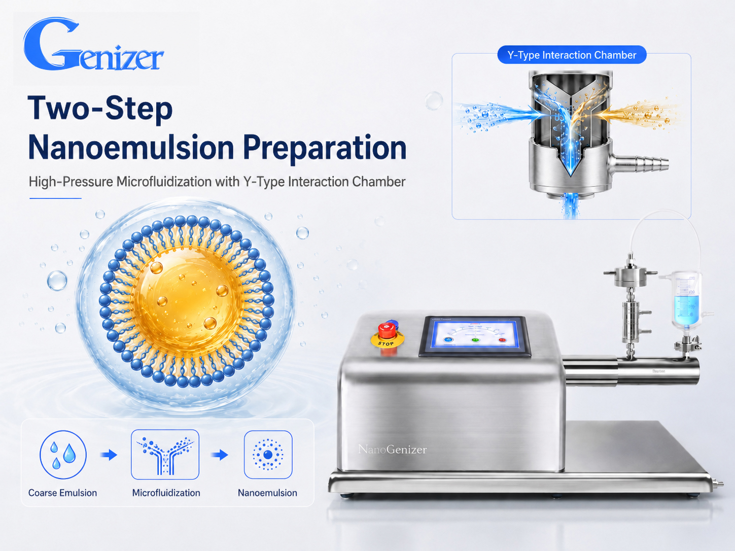 High-pressure microfluidization system for two-step nanoemulsion preparation using NanoGenizer and F12Y-RT Y-Type interaction chamber