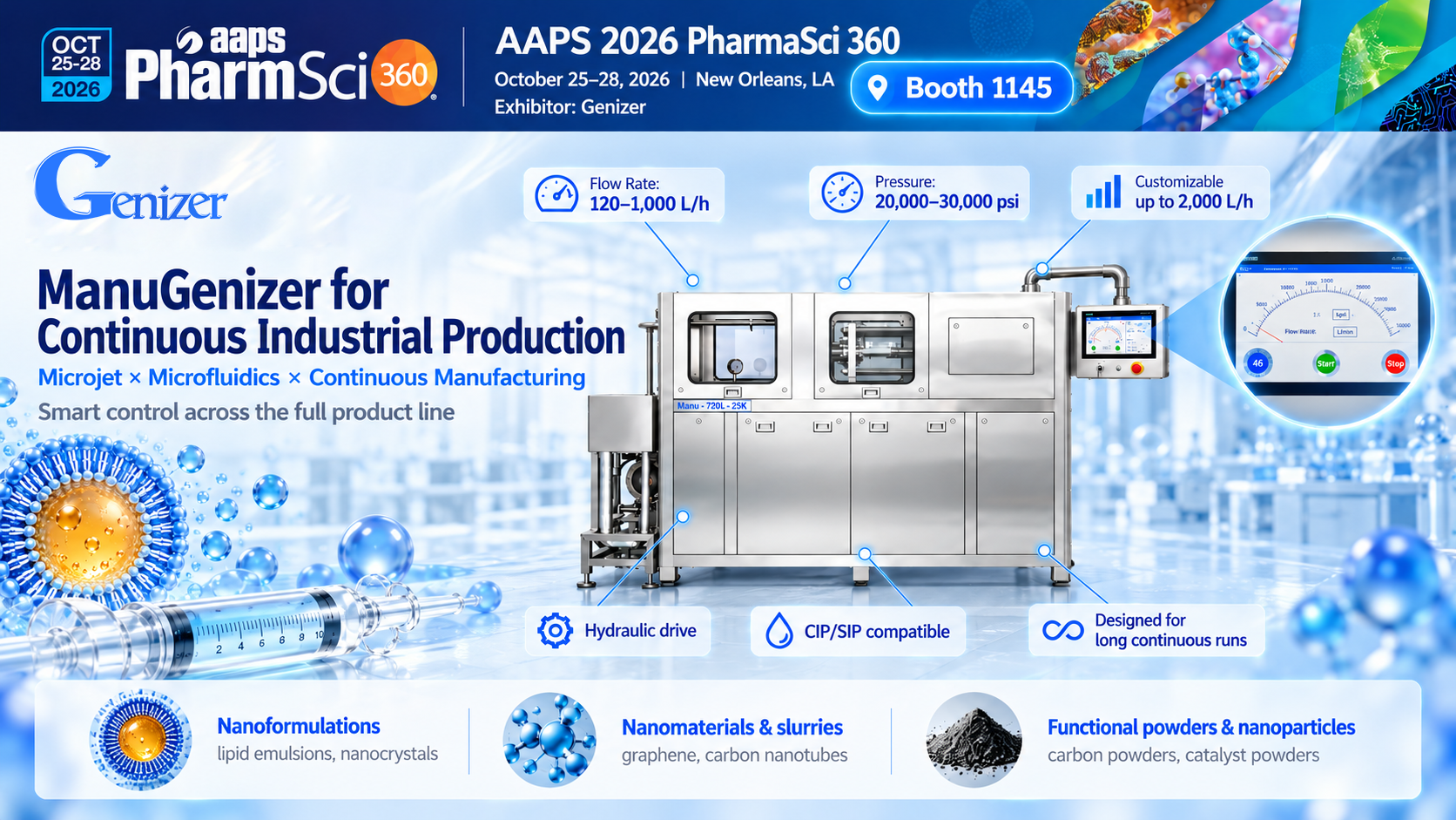Genizer AAPS PharmaSci 360 2026 preview featuring ManuGenizer for continuous industrial production, smart control, flow and pressure ranges, and application areas.