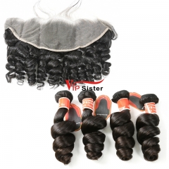 #1b Brazilian Raw Human Hair Weft with 13x4 Frontal Loose Wave