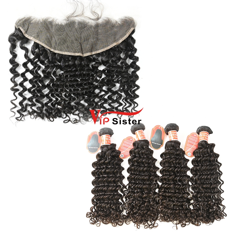 #1b Brazilian Raw Human Hair Weft with 13X4 Frontal Deep Curly