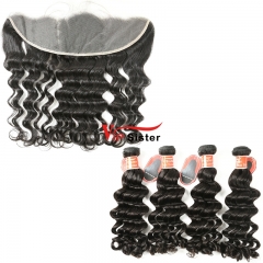 #1b Virgin Brazilian  Human Hair Weave with 13X4 Frontal Deep Wave