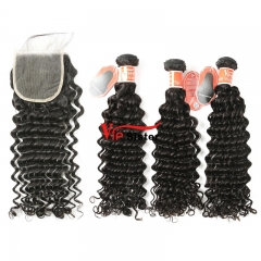 #1b Virgin Brazilian Hair Weave with 4x4 Closure Deep Curly