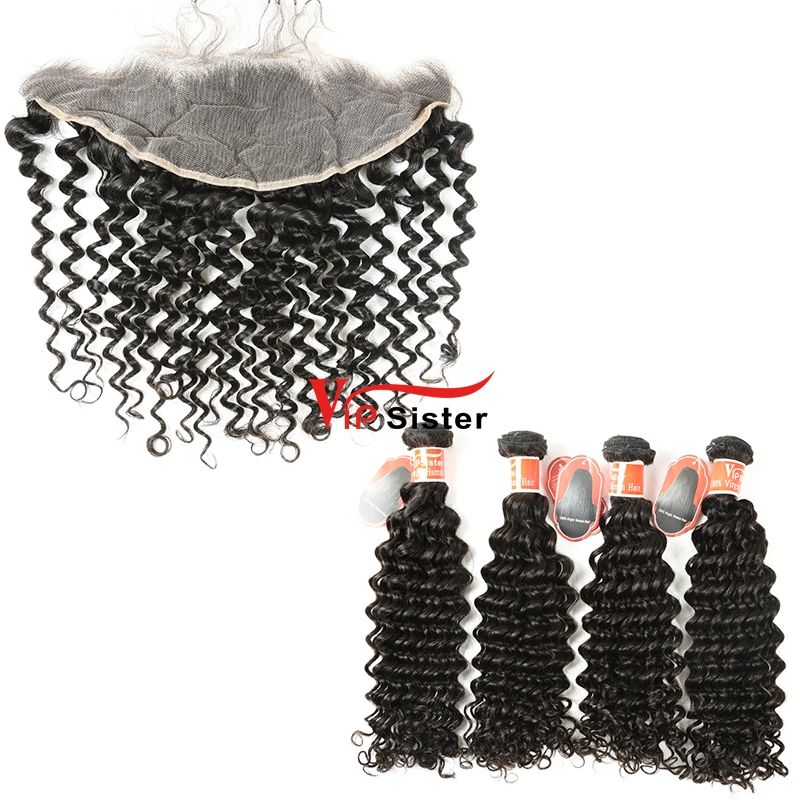 #1b Virgin Malaysian  Human Hair Weft with 13X4 Frontal Deep Curly