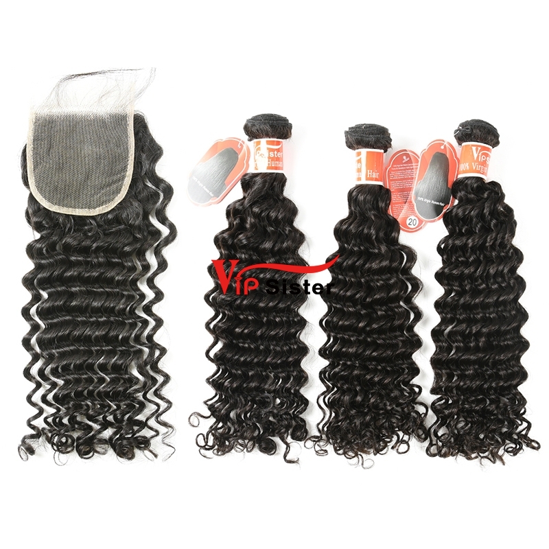 #1b Virgin Malaysian  Human Hair Weft with 4x4 Closure Deep Curly