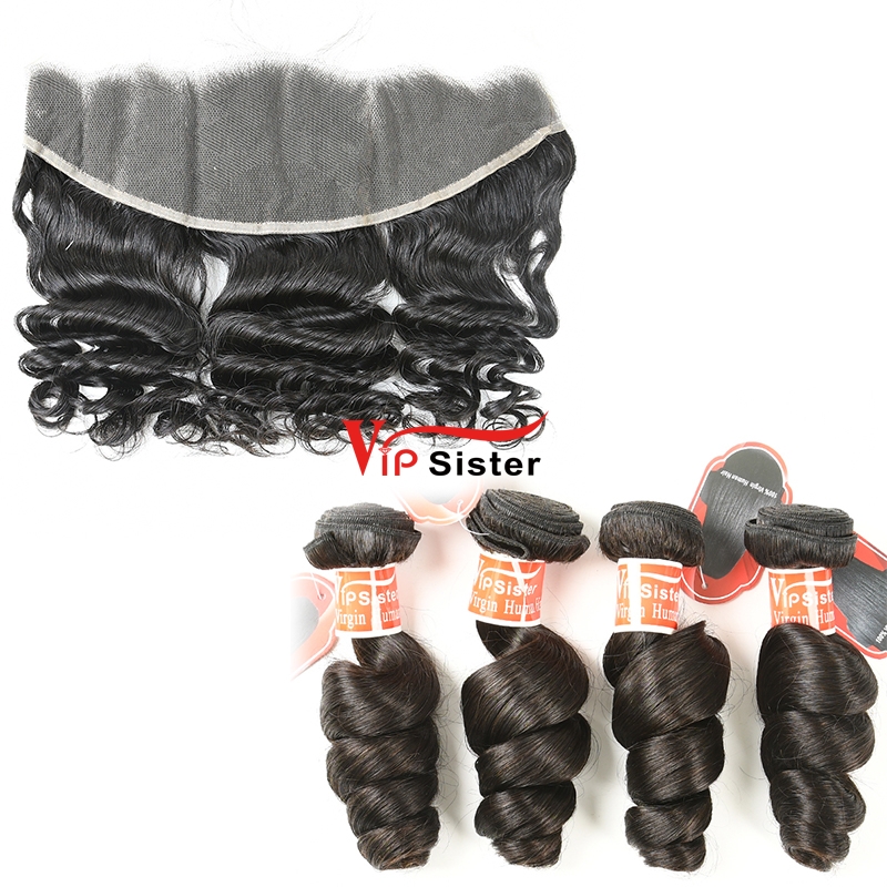 #1b Virgin Brazilian Hair Weave with 13x4 Frontal Loose Wave